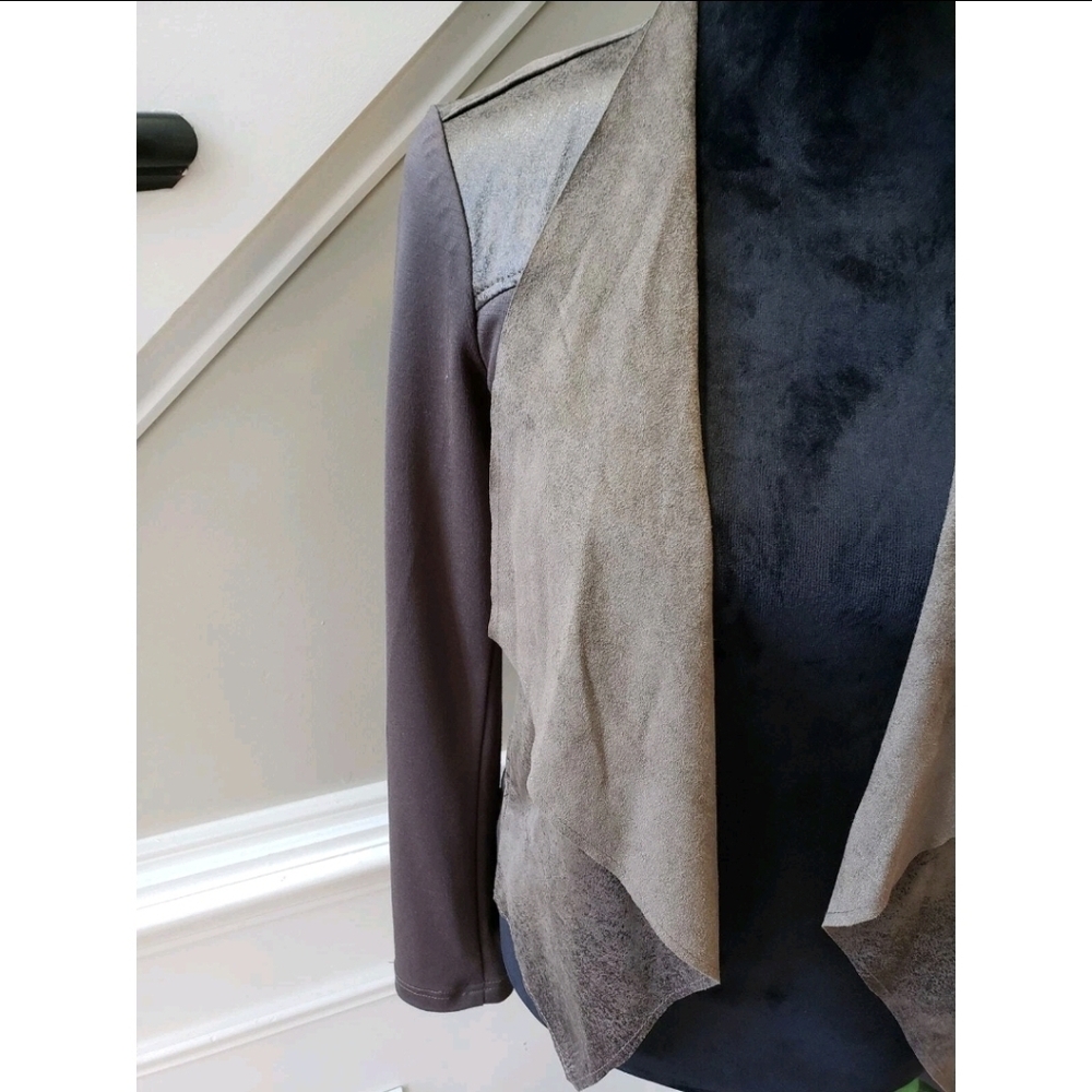 Edyson Vegan Leather Jacket Womens Size L Brown Stretch Long Sleeve Open Front - Picture 6 of 7